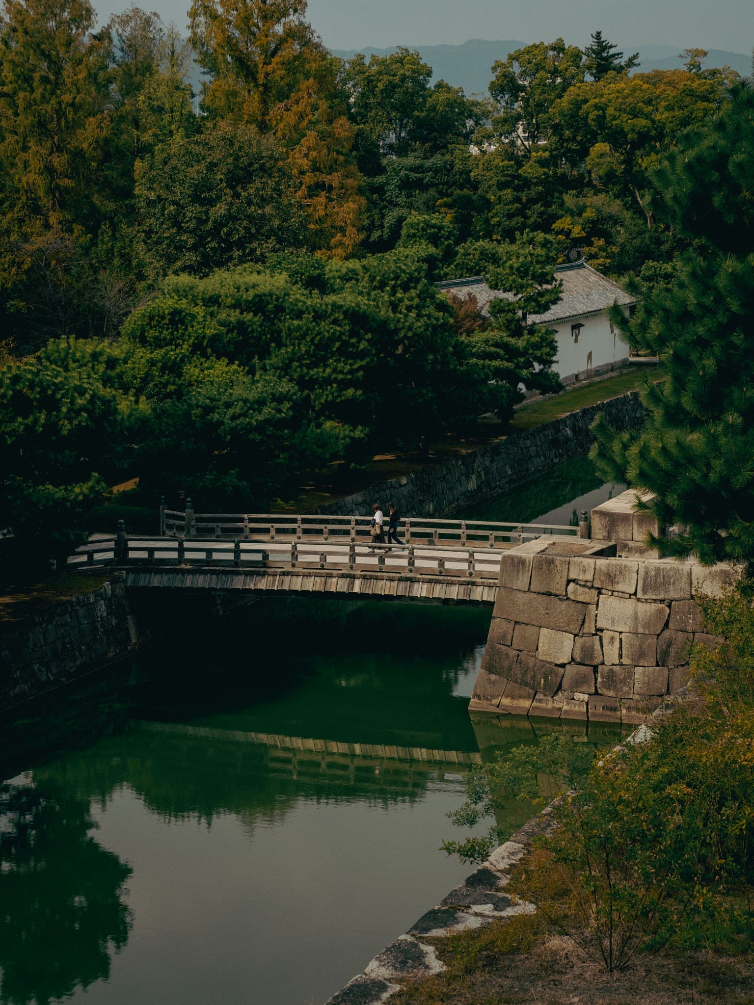 couple traversant un pont dans un jardin impérial